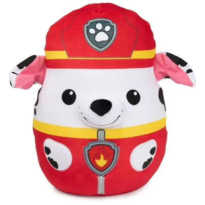 Squishy plush toy of Marshall, a dalmatian character from PAW Patrol, wearing a red firefighter hat and uniform.