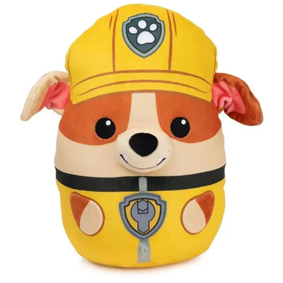 Squishy 12” Rubble plush from PAW Patrol, featuring a yellow hat, large eyes, and a smiling face. For ages 1+.