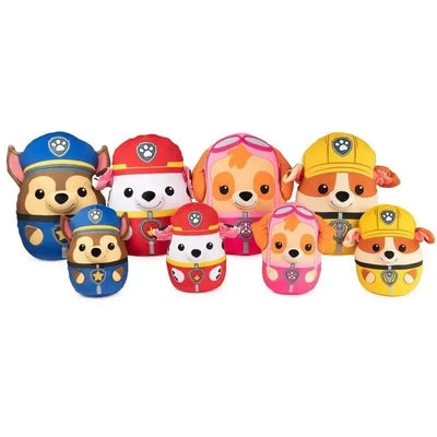 Colorful plush characters from PAW Patrol, including Rubble, Chase, Skye, and others, all wearing their signature outfits.