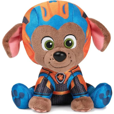 Zuma, a 6-inch plush stuffed animal from PAW Patrol: The Mighty Movie, features orange and blue attire and a friendly expression.