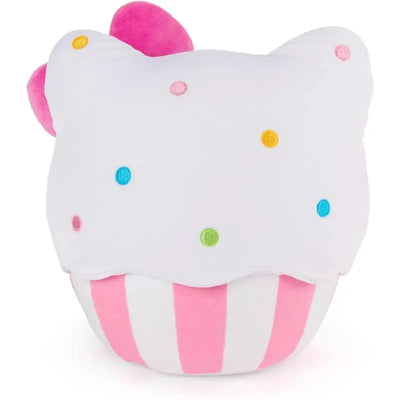 Hello Kitty plush cupcake, featuring a pink and white design with colorful polka dots and a cute face.