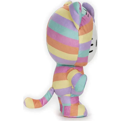 Hello Kitty plush stuffed animal with rainbow stripes, 9.5 inches tall, featuring a playful expression and tail.