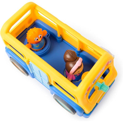 Yellow educational bus toy with two character figures inside, designed for interactive learning and play.
