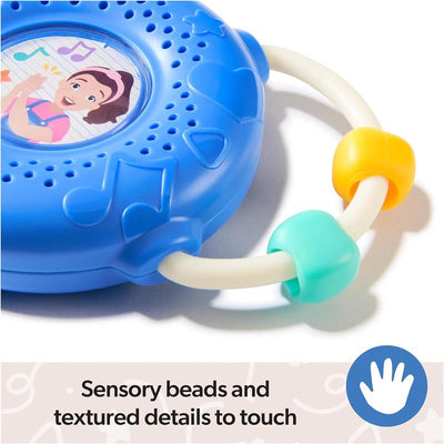 Blue Ms. Rachel Radio with sensory beads and textured details, featuring an image of Ms. Rachel and musical notes.