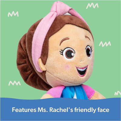 Huggable lovey featuring Ms. Rachel with a friendly face, brown hair, and pink headband against a green background.