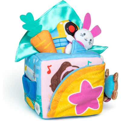 Colorful soft fabric learning box featuring a bunny, carrot, and musical notes for interactive play.