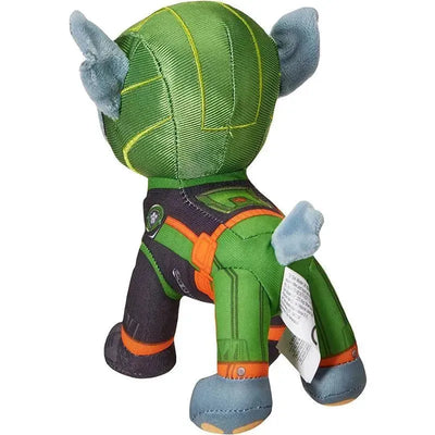 Paw Patrol 8-inch plush toy of Rocky wearing a green and black moto outfit with blue ears and tail.