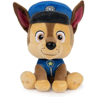 Plush toy of PAW Patrol character Chase, featuring a police officer uniform with a blue cap and smiling expression.