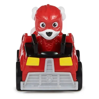 Paw Patrol pup Marshal in a red toy vehicle, featuring a cute bear-like design and distinct yellow accents.