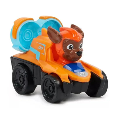 Paw Patrol Zuma toy vehicle in orange and black, featuring a puppy figure with brown fur and blue accents.