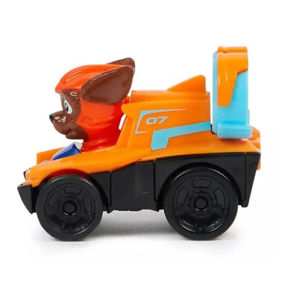 Paw Patrol Zuma character in an orange vehicle, featuring a number 07 and a blue attachment on the back.