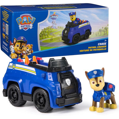 Paw Patrol toy car featuring Chase, a blue patrol cruiser, and a collectible action figure in a police uniform.