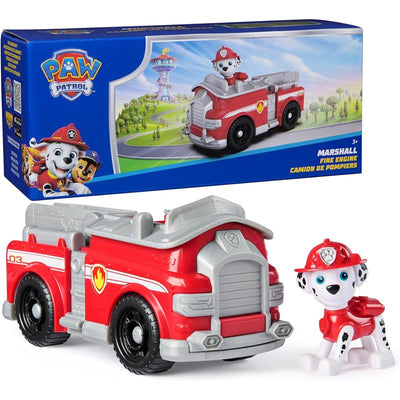 Red fire engine toy with a collectible Marshall figure, featuring wheels, ladder, and a box design showcasing the Paw Patrol brand.