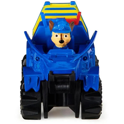 Blue vehicle toy with a Paw Patrol character Chase in a blue uniform, featuring rolling wheels and a yellow cargo area.