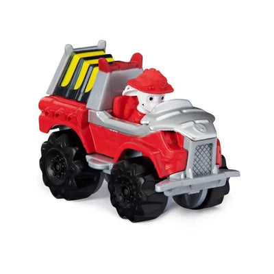 Spin Master Paw Patrol True Metal Dino Rescue Marshall toy vehicle, featuring a red truck with a character in a firefighter outfit.