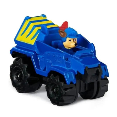 Paw Patrol True Metal toy featuring Chase in a blue vehicle with large black wheels and yellow accents.
