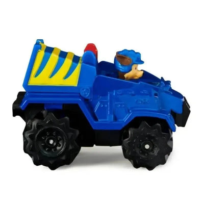 Die-cast toy vehicle of Chase from Paw Patrol, featuring a blue and yellow design with chunky tires.