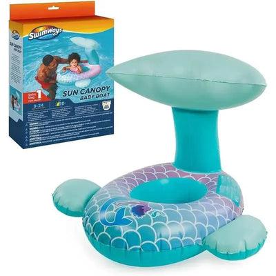 Swimways Sun Canopy Baby Boat for kids 9-24 months, featuring a mermaid design and an overhead canopy for sun protection.