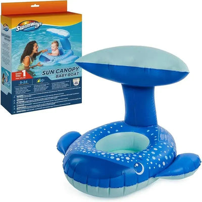 Swimways Sun Canopy Baby Boat in whale design, suitable for kids 9-24 months, featuring a protective canopy.