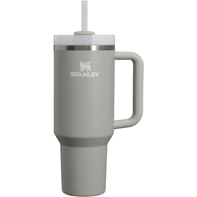 Stanley The Quencher H2.0 FlowState™ Tumbler 40 oz in Ash color, featuring a handle, straw, and stainless steel lid.