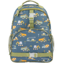 Blue backpack with construction vehicle patterns, featuring a front pocket and mesh side pockets. Ideal for kids.