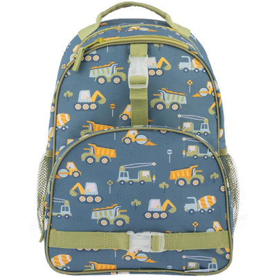 Blue backpack with construction vehicle patterns, featuring a front pocket and mesh side pockets. Ideal for kids.