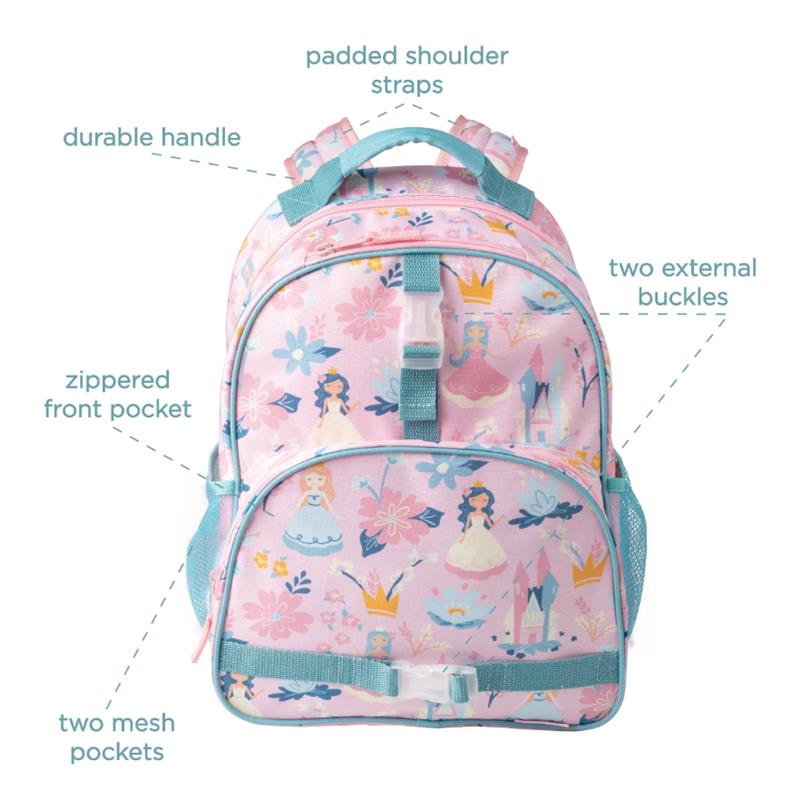Pink backpack featuring princess designs, padded shoulder straps, durable handle, zippered front pocket, and two mesh side pockets.