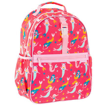 Bright pink backpack featuring colorful mermaid illustrations and a front zip pocket. Ideal for kids.