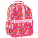 Bright pink backpack featuring colorful mermaid illustrations and a front zip pocket. Ideal for kids.