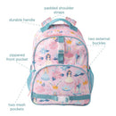 Pink backpack with princess designs, featuring a zippered front pocket, padded shoulder straps, and durable handle.