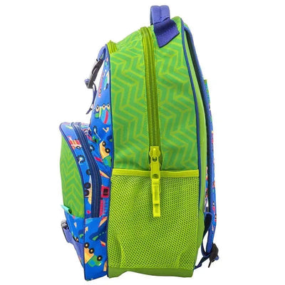 Backpack with a vibrant green zigzag design and colorful transportation-themed patterns, featuring multiple zippers and mesh pockets.