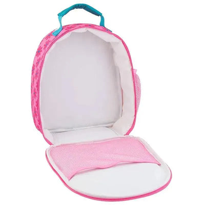 Lunchbox with a vibrant pink exterior featuring floral patterns and a turquoise handle; empty interior for food storage.