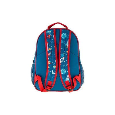 Bright blue backpack with red straps, featuring a space-themed design of rockets and planets on the back.