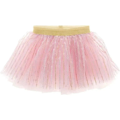 Rose pink tutu skirt with gold accents and an elastic waistband for baby girls, designed for play or special occasions.