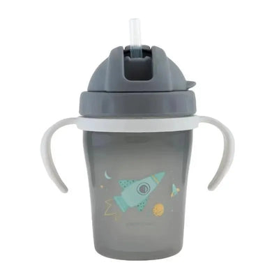 Baby straw cup in gray featuring a rocket design, with dual handles and a removable lid.