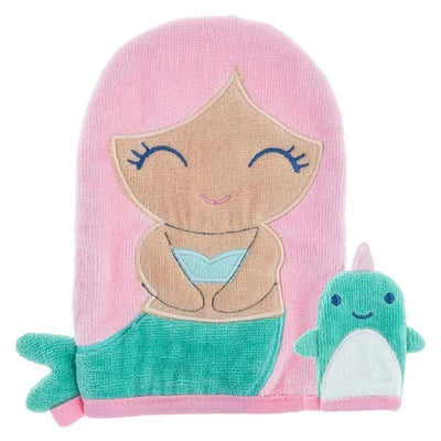 Bath mitt featuring a smiling mermaid design with pink hair and a small green finger puppet.