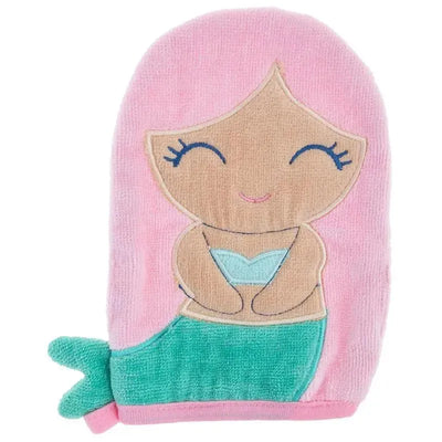 Mermaid-themed bath mitt with a smiling character and colorful design, featuring pink hair and a green tail.