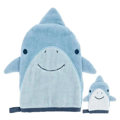 Bath mitt designed as a smiling shark, featuring a finger puppet companion, in soft blue fabric.