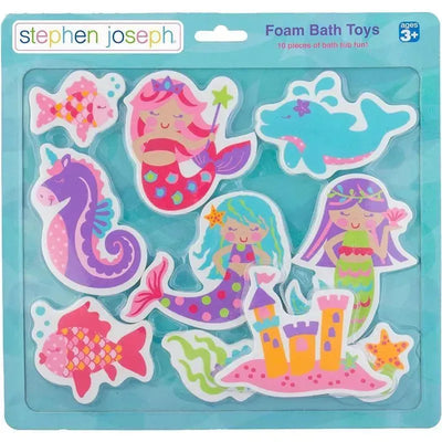 Foam bath toys set featuring colorful mermaids, a seahorse, fish, a sea castle, and a dolphin, suitable for ages 3+.