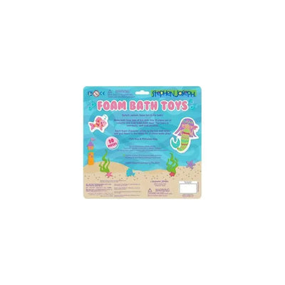 Colorful packaging of Stephen Joseph Foam Bath Toys featuring a mermaid and aquatic designs, with 10 pieces included.