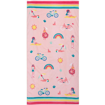 Bright pink beach towel featuring various playful summer-themed illustrations, including bicycles, sunbathers, rainbows, and suns.