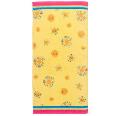 Yellow beach towel decorated with smiling sun and sunburst patterns, featuring a pink and blue striped border.