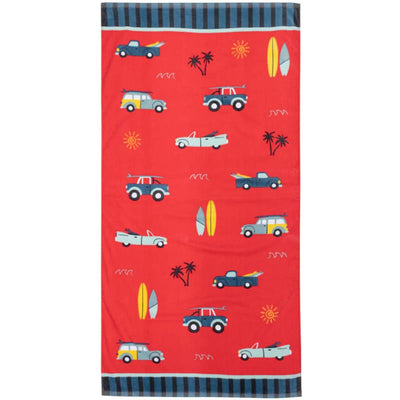 Bright red beach towel featuring colorful cars with surfboards, palm trees, and sun motifs. Ideal for beach outings.