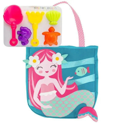 Mermaid-themed beach tote featuring a smiling mermaid design, accompanied by colorful sand toys: shovel and molds.