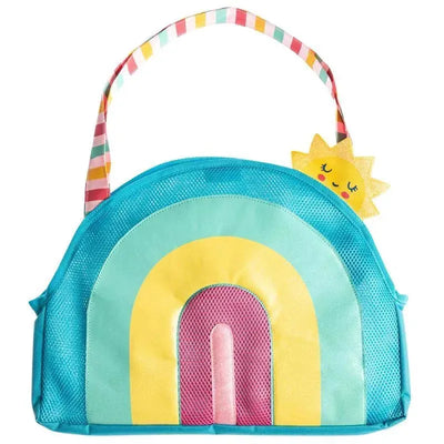 Colorful beach tote featuring a rainbow design, with a smiling sun accent and a playful striped handle.