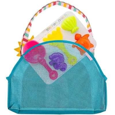 Beach tote set featuring a mesh bag filled with colorful sand toys, including shovels and molds.