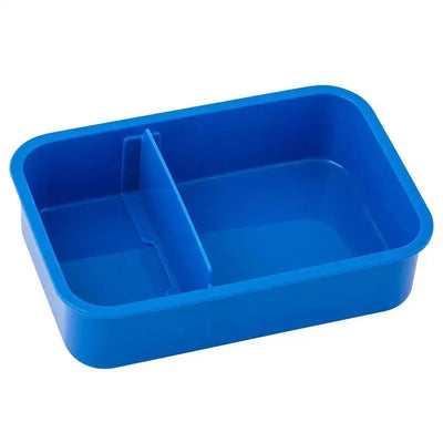 Blue bento box with a divider, designed for storing and organizing food items.