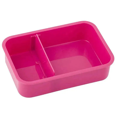 Bento box in bright pink with a divider for organizing food items. Ideal for meals and snacks.