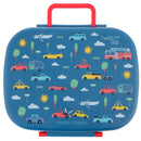 Bento box with a blue exterior featuring colorful vehicle illustrations and a red handle, designed for transportation.