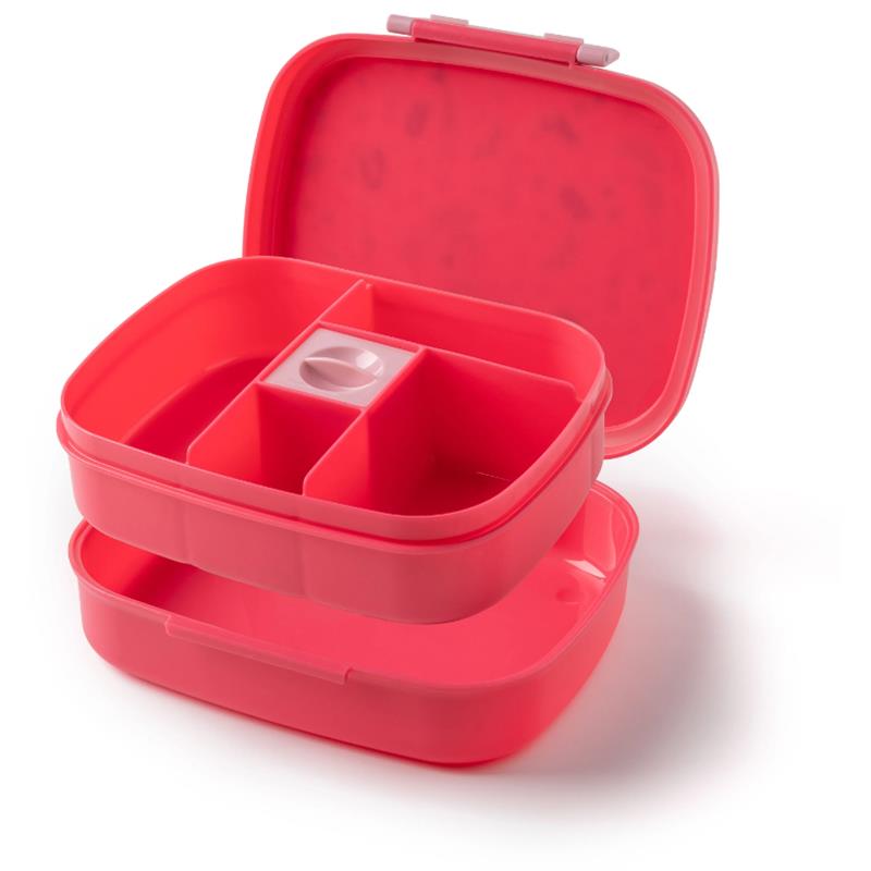 Bento box with removable tray, featuring multiple compartments and a vibrant pink color, designed for meal transportation.